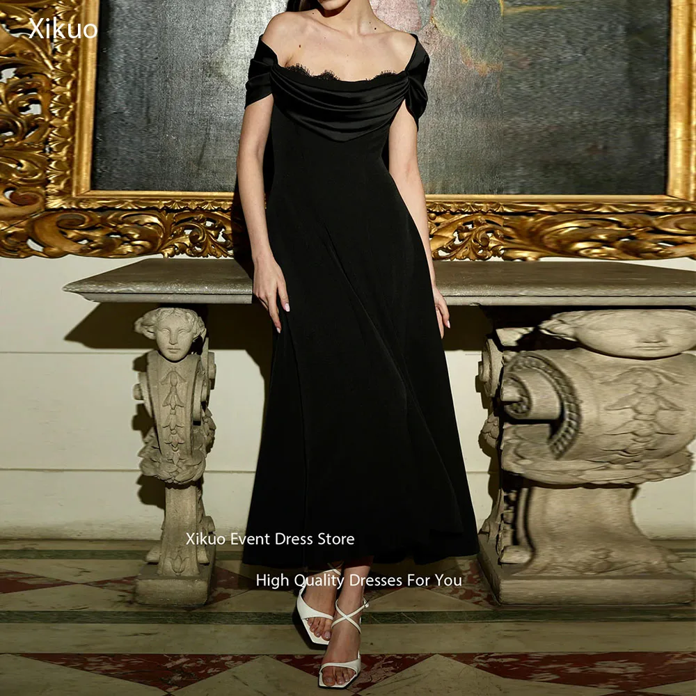 

Xikuo A Line Off Shoulder Evening Dress Black Lace Trim Celebrity Dresses Ruched Mid Length Abiti Da Cerimonia Donna Customized
