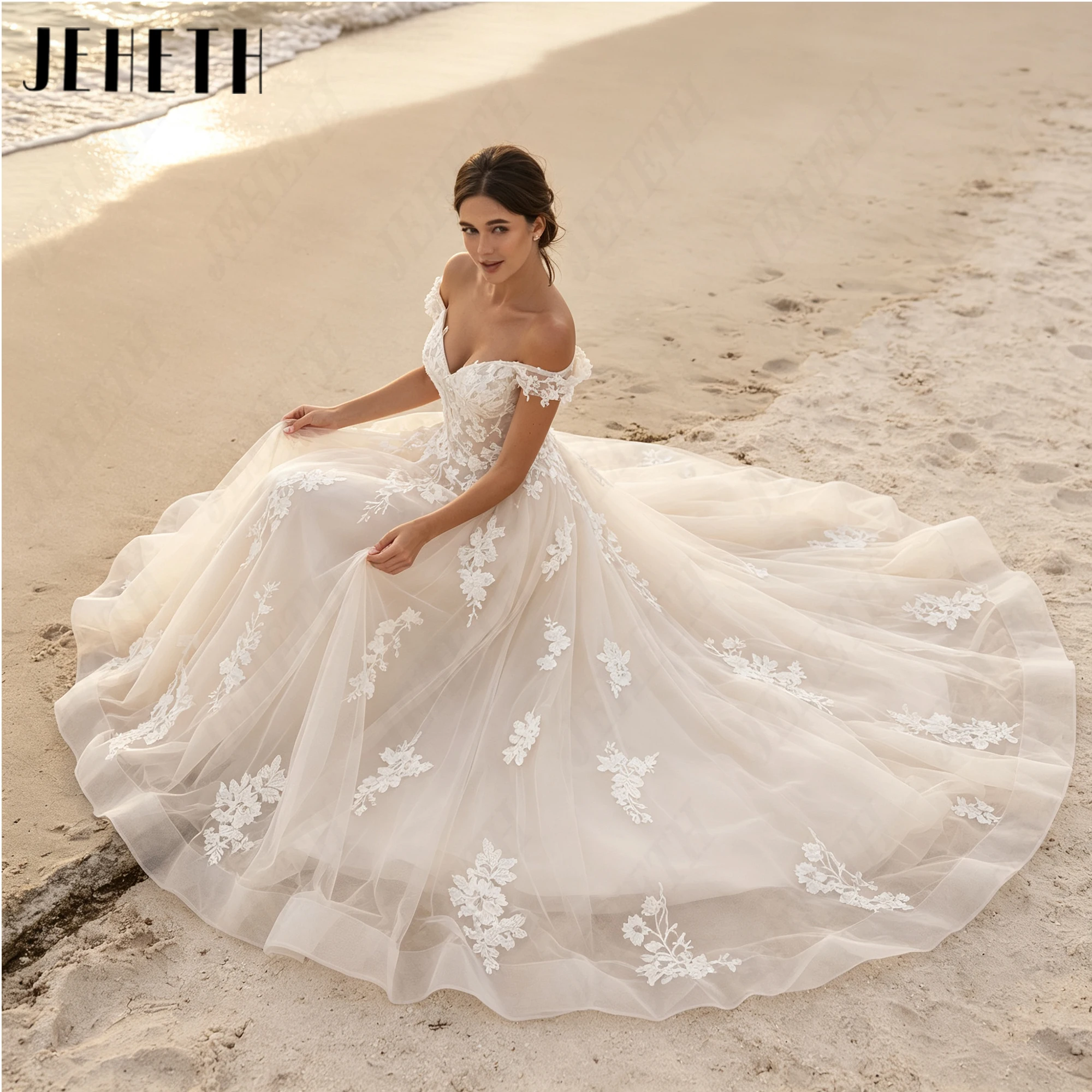 JEHETH 2027 Luxury Open Back Bridal Dresses Fitted V Neck Tulle Bride Gown Applique A-Line Sleeveless Wedding Dress Custom Made