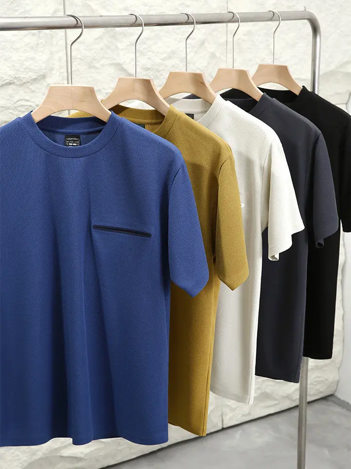 

Italian Luxury Men's Short Sleeve T-Shirt Breathable Quick Dry Sound Wave Sealing Sports Leisure Polyester Fiber round Neck