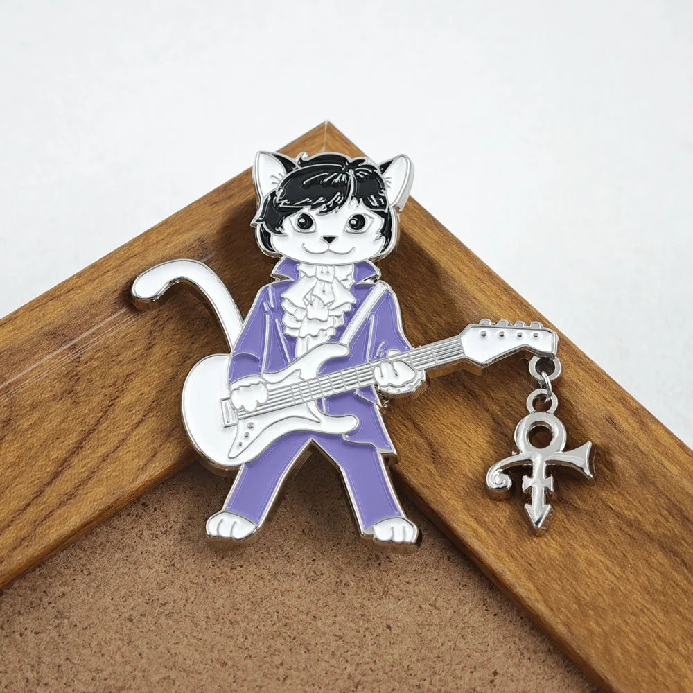Prince Purple Rain Brooch Cute Cat Playing Guitar Metal Badge Rock Band Love Symbol Dangling Enamel Pin Music Fan Jewelry Gift