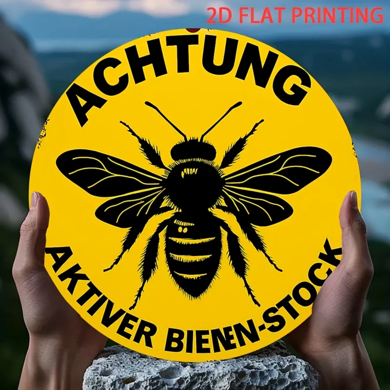 مسطح ثنائي الأبعاد، قطعة واحدة من علامة تحذير مستعمرة النحل النشطة - مع النص الألماني "Achtung - Aktiver Birnenstock"، رسم النحل - شركة الحديد شديدة التحمل