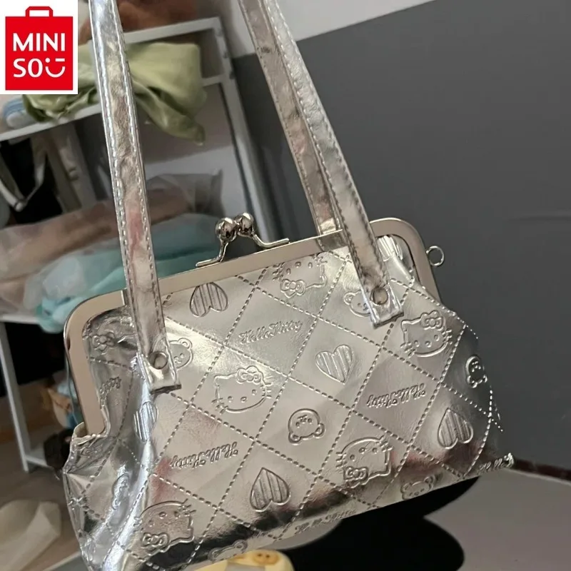 MINISO 2024 New Silver Hello Kitty Embossed Shoulder Bag for Women's Fashion Sequins High Quality Storage Handbag