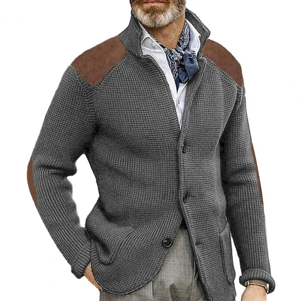 Shoulder Color-blocked Sweater Men's Single-breasted Lapel Knitted Cardigan Sweater Coat for Winter Fall Thick Long Sleeve