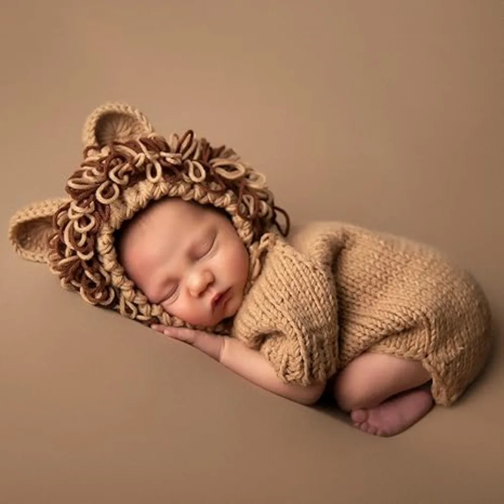 Newborn Photography Props for Baby Boy Newborn Infant Hat & Jumpsuits Lion Hat Sweater Cosplay Costume Romper Festive Outfit