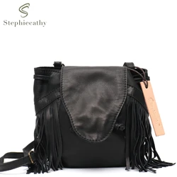 SC Casual Genuine Leather Tassel Shoulder Bag Women Hippie Vintage Cowhide Fringe Drawstring Flap Sling Purses Crossbody Handbag