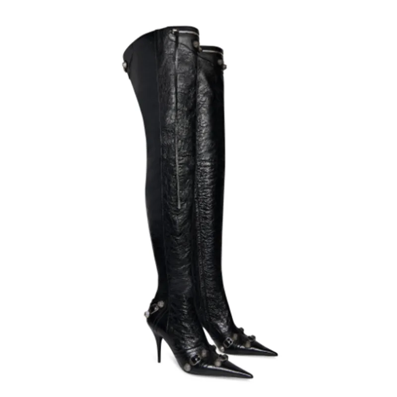 Cross Border Foreign Trade Pointed Thin Heels Ultra High Heels Side Zipper Rivet Pin Buckle Large Over Knee Boots High Heels