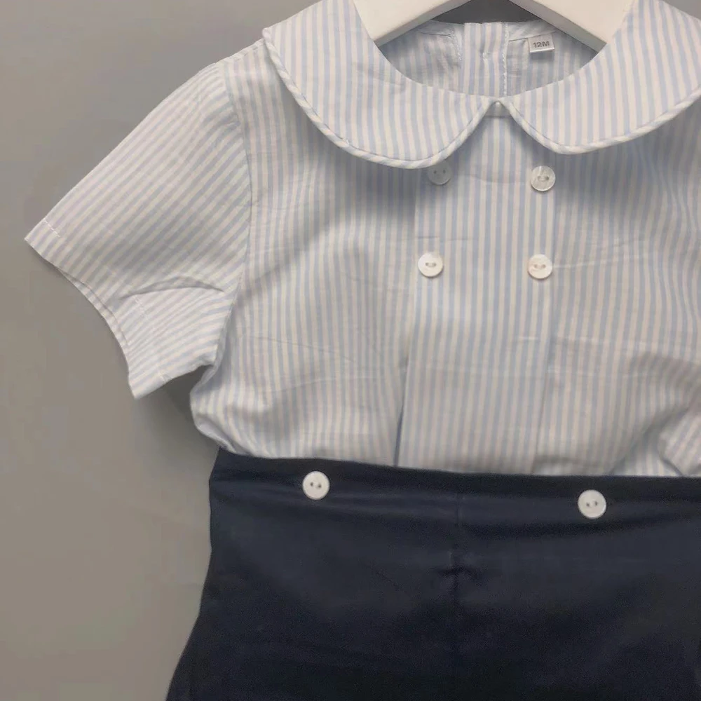 2Pcs Children Boutique Clothing Set Summer Toddler Boy Short Sleeves Cotton Blue Striped British Style Handsome Prince Ins Hot