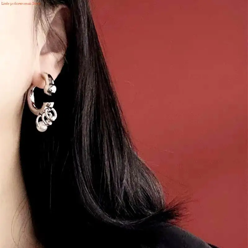F92D Gothic Metal Pearl Tassels Earrings for Women Men 2024 Fashion Before After Detachable Wearing Dangle Earrings Jewelry