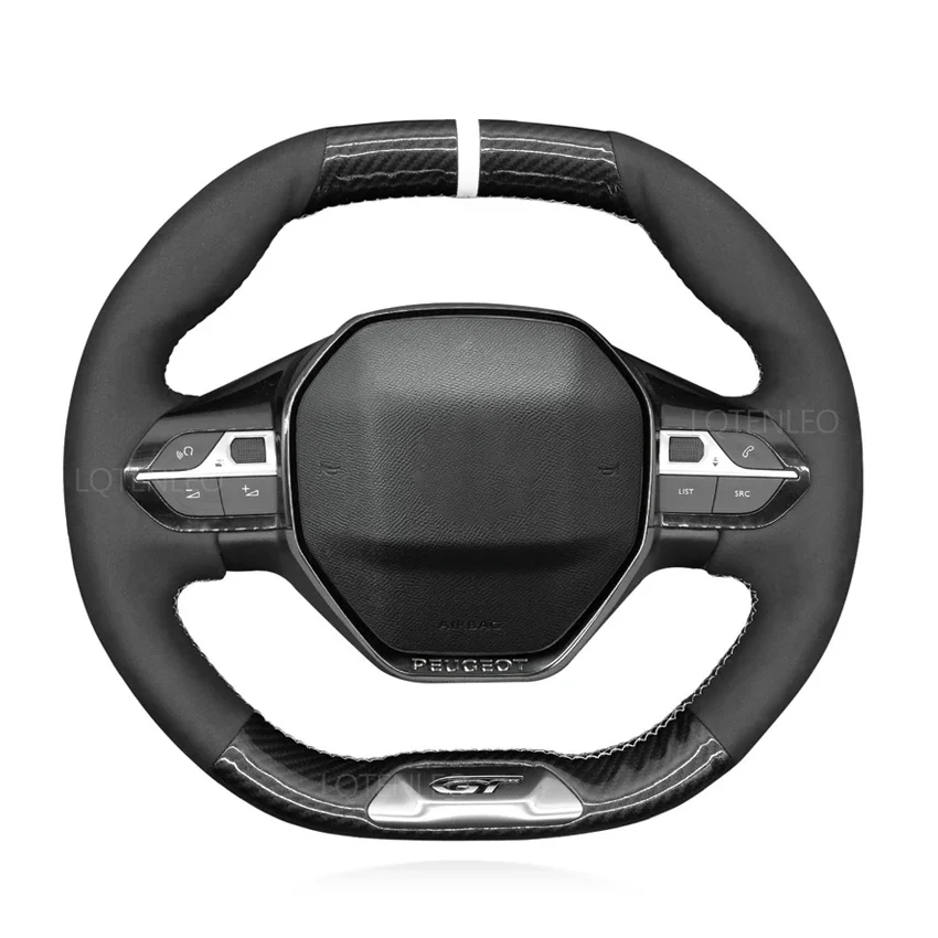 Black Faux Carbon Suede No-slip Car Steering Wheel Cover For Peugeot 208 308 2008 3008 4008 508 SW 5008 GT Line Rifter 2016-2022