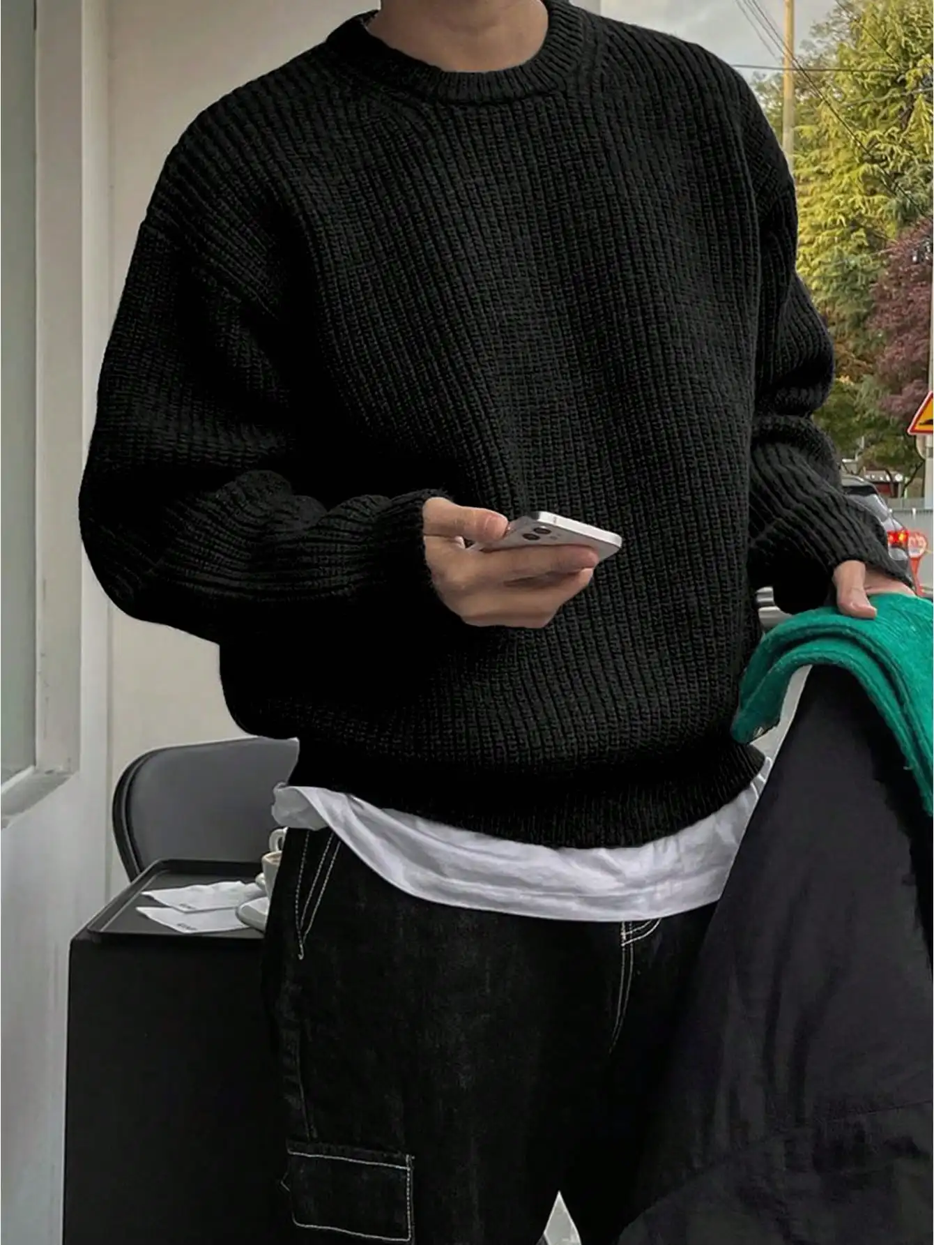 

Unisex Loose Ribbed Knit Crewneck Sweater, Minimalist Drop Shoulder Design for Autumn Winter