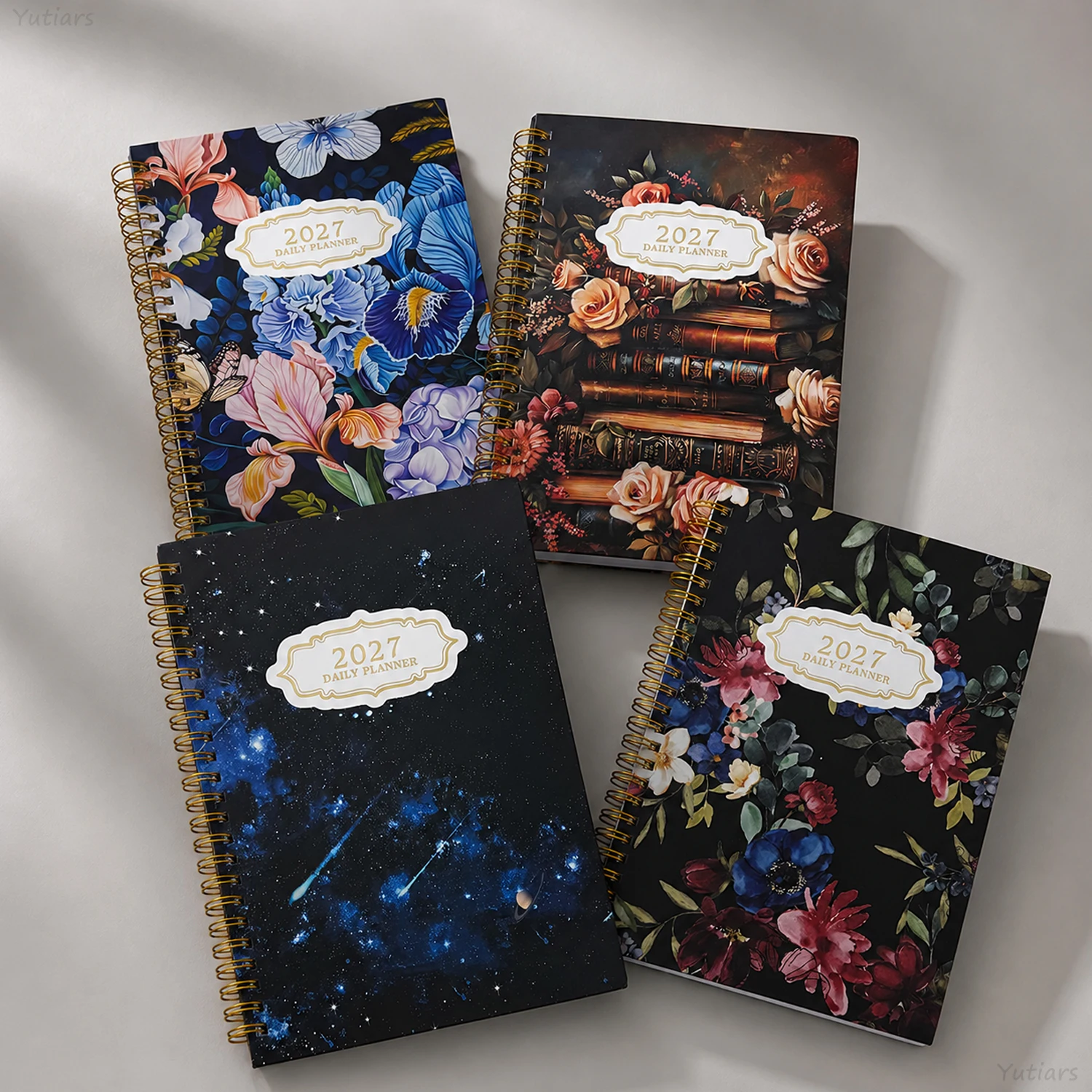 Gold Foil Decor 2027 Coiled Planner, 4-Pattern Art Journal with Month Index Tabs for Office School Use & Gift Collection
