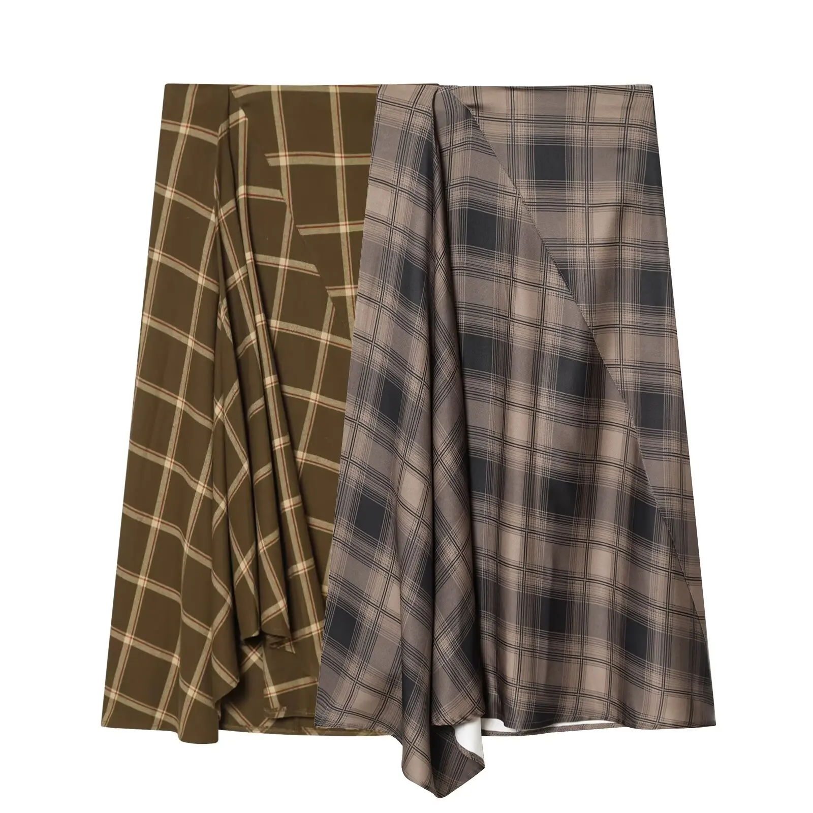 

ZEVITY Women Vintage Cascading Ruffles Plaid Print Asymmetrical A Line Skirt High Waist Female Zipper Midi Skirt Mujer QUN9527