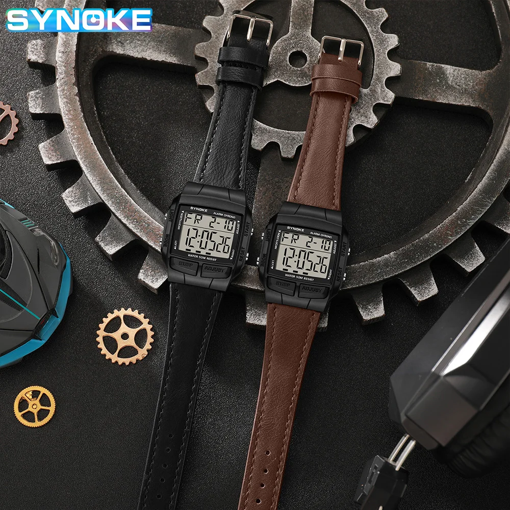 SYNOKE Multifunctional Waterproof  Luminous LED Digital Watch PU Leather For Men Retro Fashion Belt Watch Men Outdoor Sports