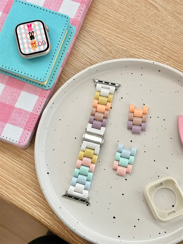 Koreańska tęczowa pasek z żywicy + etui 49mm na zegarek jabłkowy 45mm 40 41mm 38 40 44mm Correa męskie pasek do zegarka iwatch 9 8 SE 7 6 5
