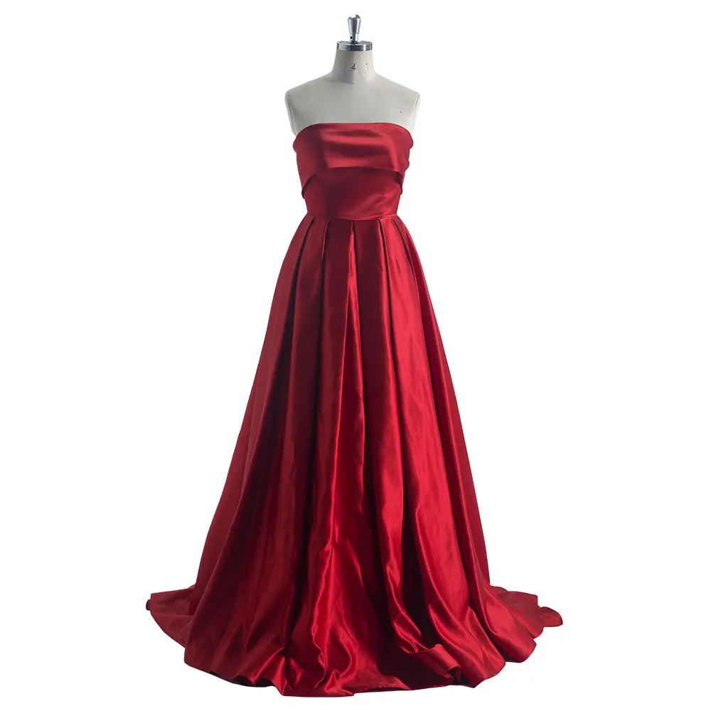 

Strapless A Line Floor-Length Silky Red Satin Prom Dresses Women's Christmas Party Dresses for Special Events YEWEN #LT3734