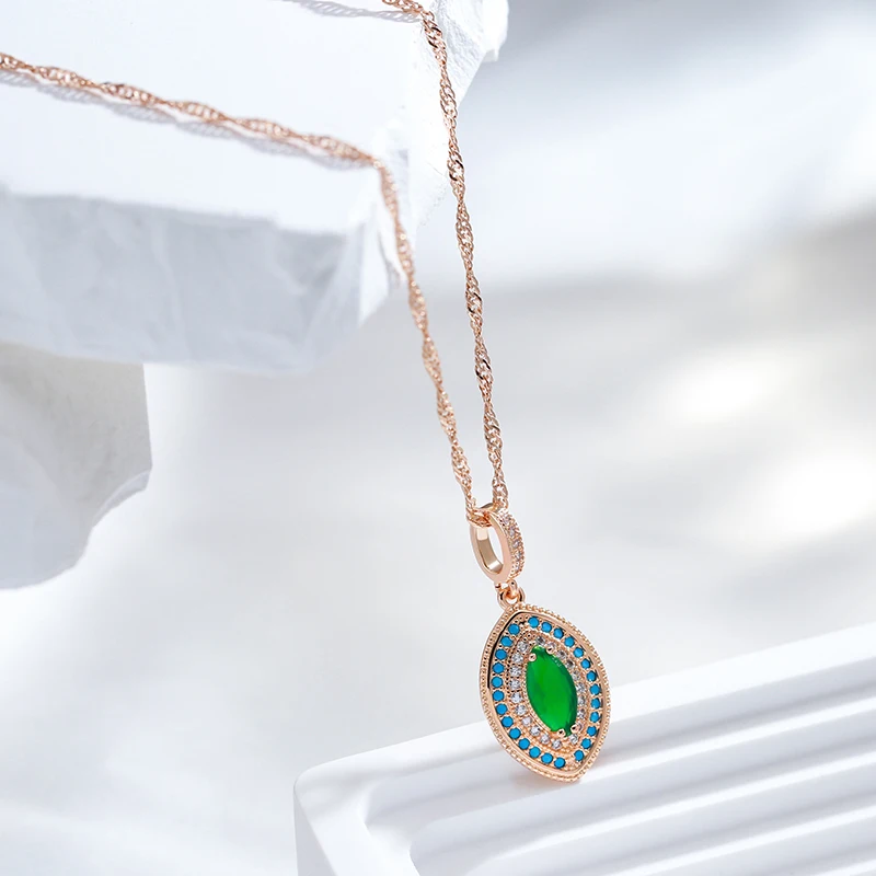 Kinel Hot 585 Rose Gold Color Long Pendant Necklace Women Fashion Green With Blue Natural Zircon Wedding Daily Vintage Jewelry