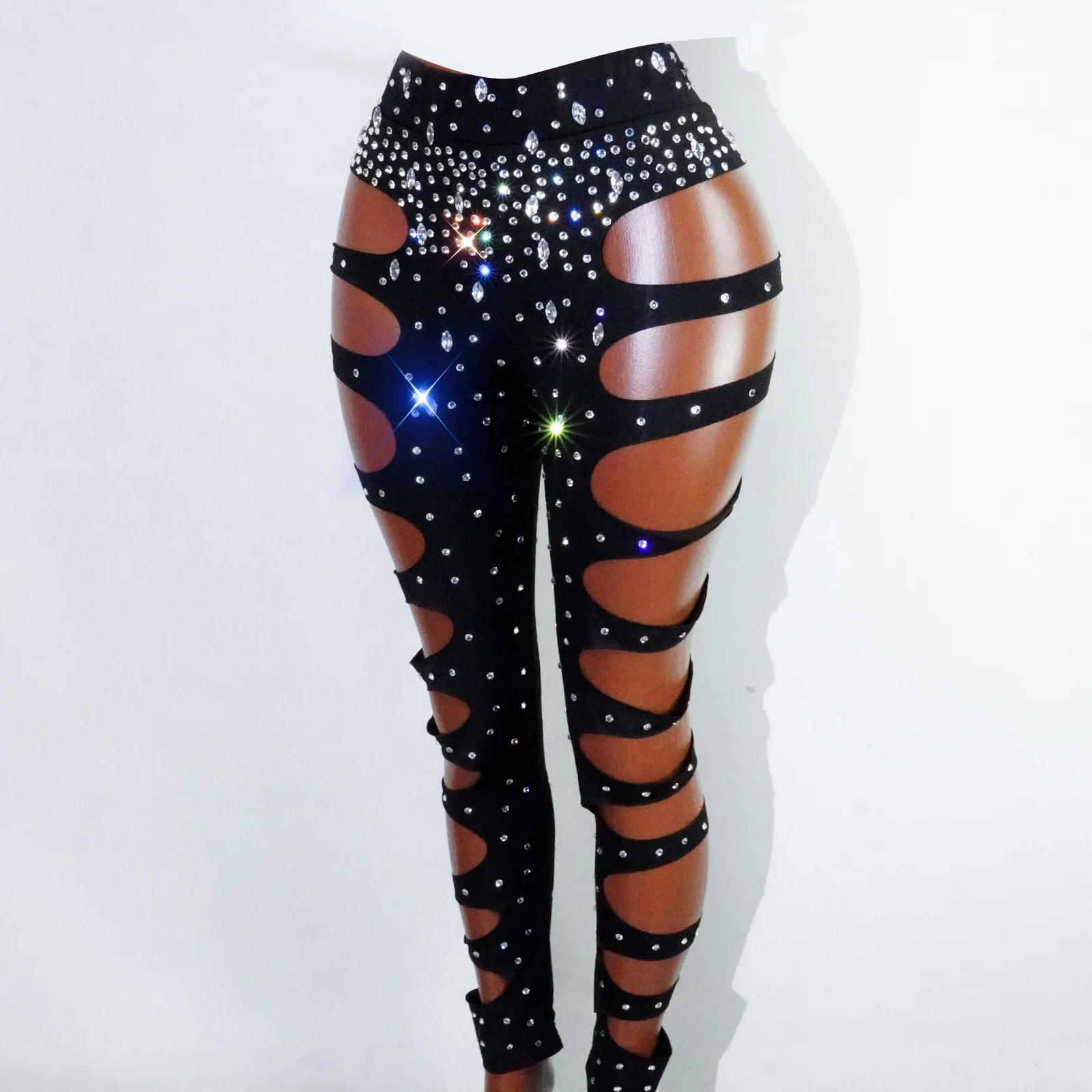 Seksowny Top i Spodnie Brokatowe Cyrkonie Czarny Ażurowy Strój Sceniczny Kostium Gogo Dance Drag Queen Klub Nocny Dj Festiwal Występ