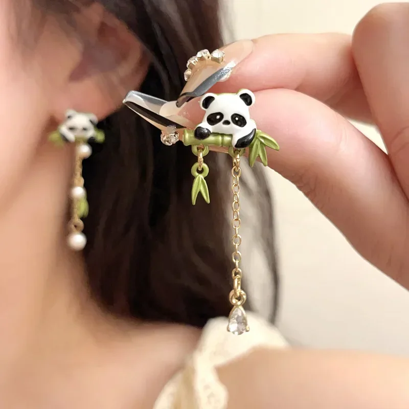 Personality Asymmetrical Cat Bear Long Tassel Earrings Chinese Style Cute Bamboo Panda Earrings for Women Girls Gifts