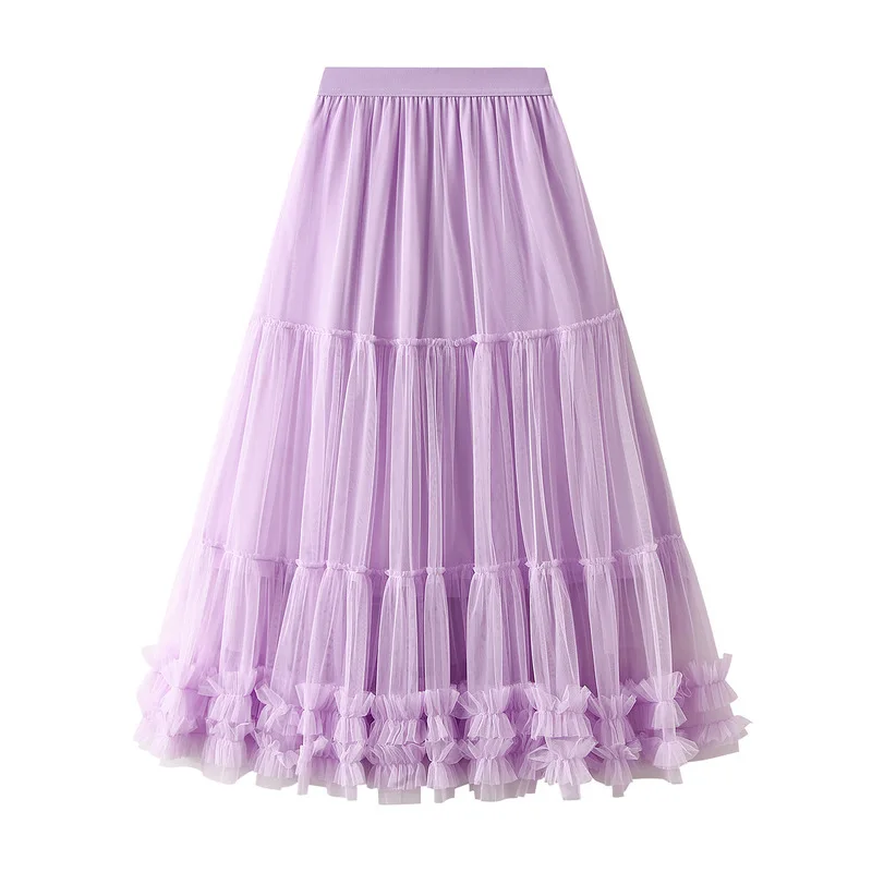 High Waist Long Sweet Mesh Pleated Skirt Female Heavy Industry Wooden Ear Stitching Big Swing Puffy Tulle Skirt Women 2023 New