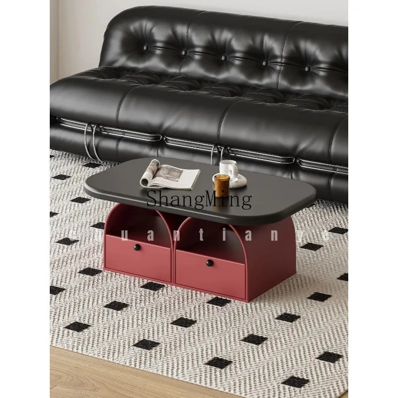 CL Light Luxury Round Storage Coffee Table Living Room Household Modern Black and Red Creative Tea Table