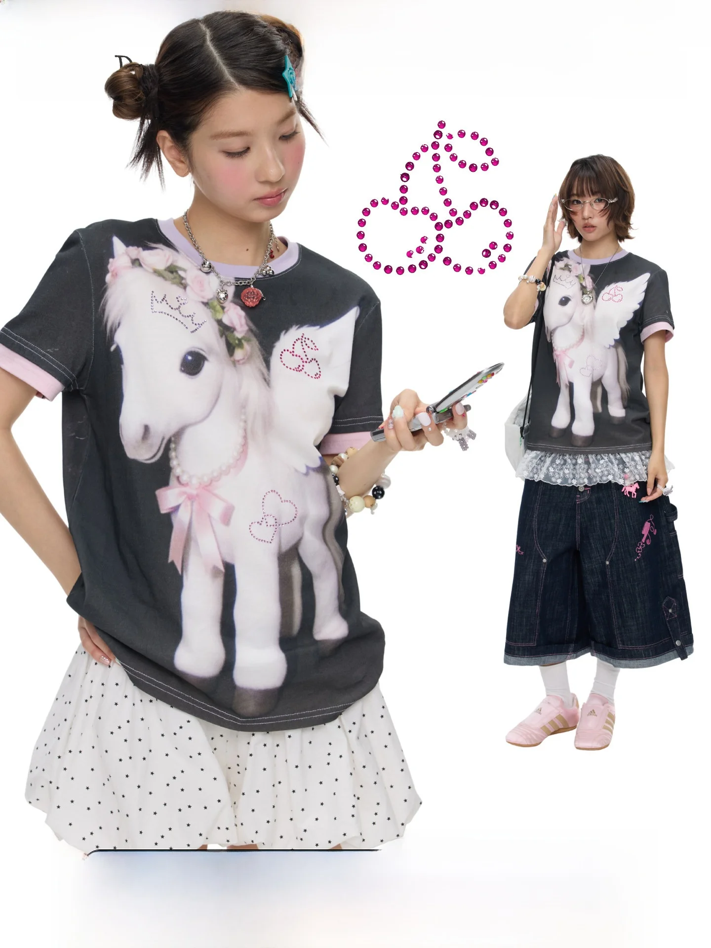 Cute Summer Short Sleeve T-Shirt Shoulder Print Foal Design Casual Loose Fit Cotton round Neck Top for Women