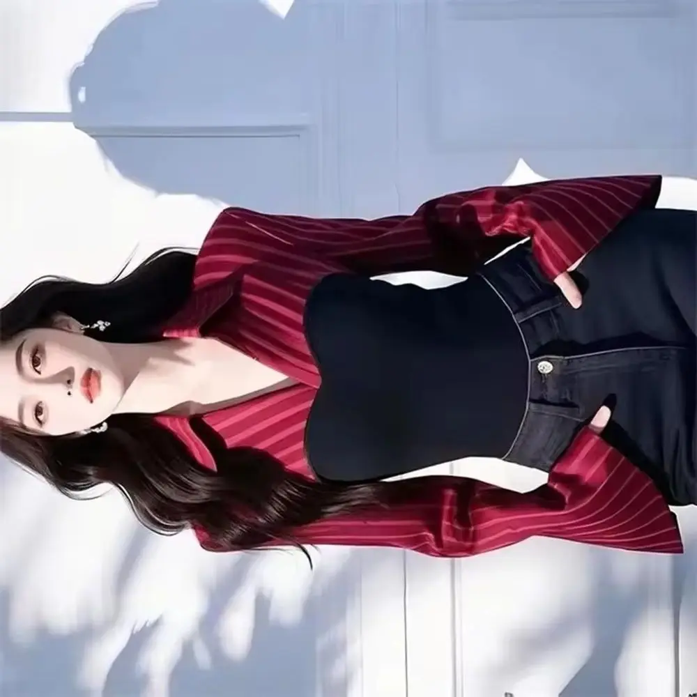 

2025 Spring Summer New Striped Patchwork Shirt Unique Beautiful Flared Sleeves Professional Fake Two-Piece Shirt Women Blouse