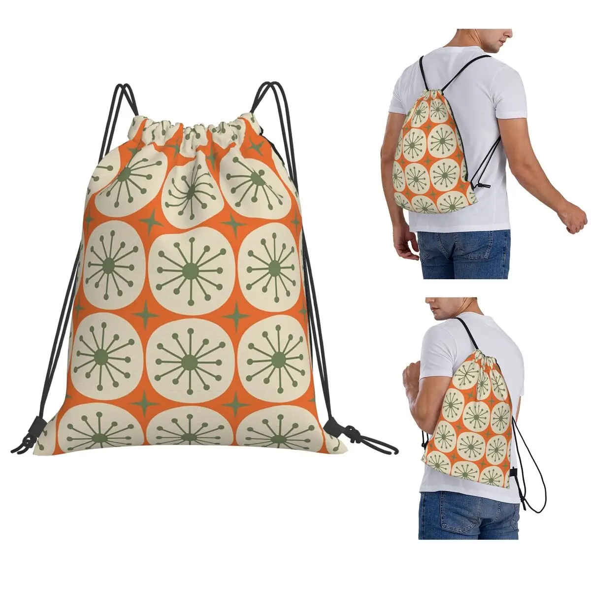 Mid Century Modern Atomic Dots And Stars Olive Green Beige Backpacks Drawstring Bundle Pocket Sports Bag Book Bags for School