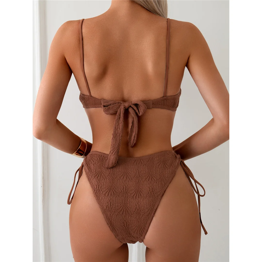 Gefalteter, mit Bügeln versehener, hoch geschnittener Bikini, Damen-Badeanzug, zweiteiliges Bikini-Set, Badebekleidung, Badeanzug, Modell V5807. – Detail 9