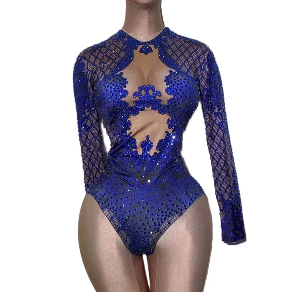 

Royal Blue Women Rhinestone Bodysuit Jumpsuit Sparkling Crystal Bodycon Party Club DJ Outfit Stage Catwalk Show Dance Costume