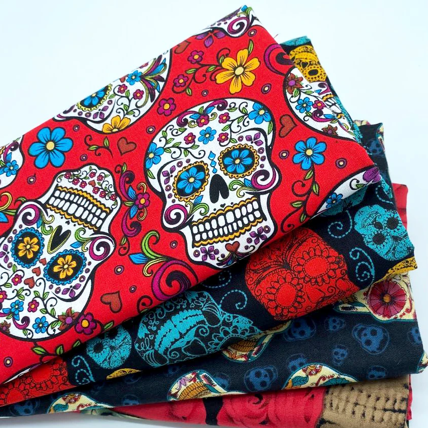 DIY Sewing Doll Cloth Party Home Decor Vintage Punk Flower Skull Printed Cotton Fabric Bundle Patchwork Cool Halloween Plain