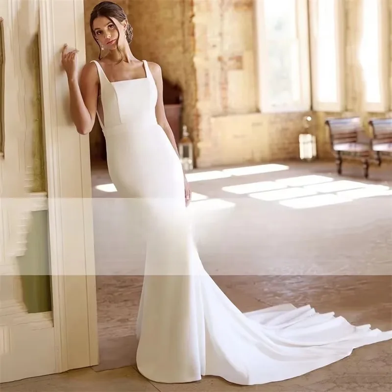 OL Customized Simple A-Line Wedding Dresses To Measure S Mermaid Wedding Dresses Women Open Back Square Collar Spaghetti Straps