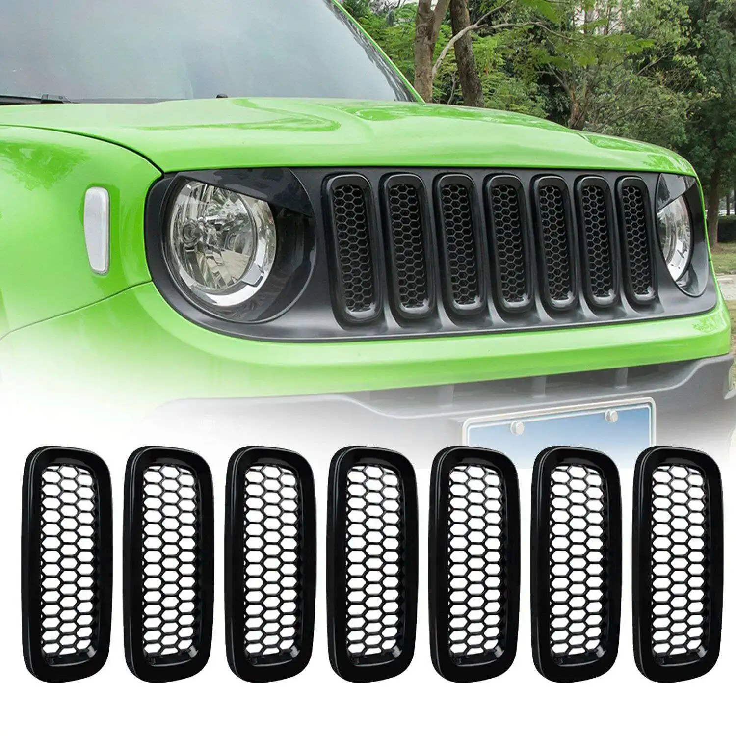 7Pcs Bright black with Mesh Front Grille Inserts Sticky Grill Cover Frame Trims Kit for Jeep Renegade 2015-2018