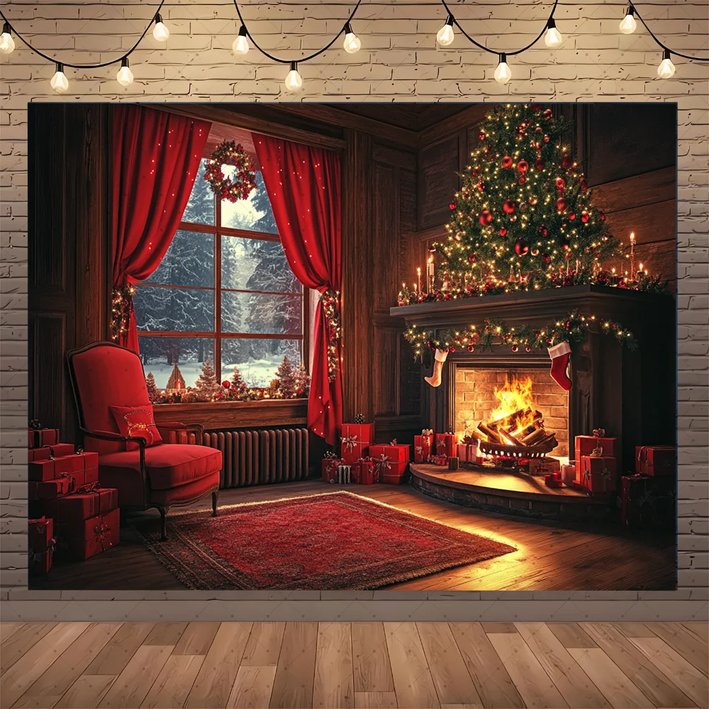

Red Christmas Fireplace Background Photography Xmas Tree Gift Candle Background Decor Winter Family Indoor Photo Studio