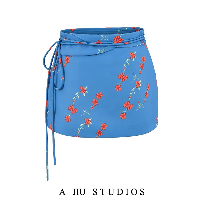 Low Waist Floral Print Skirt Women's Summer Slimming A-Line Short Skirt Anti-Light Walking Polyester Fiber Zipper Opening
