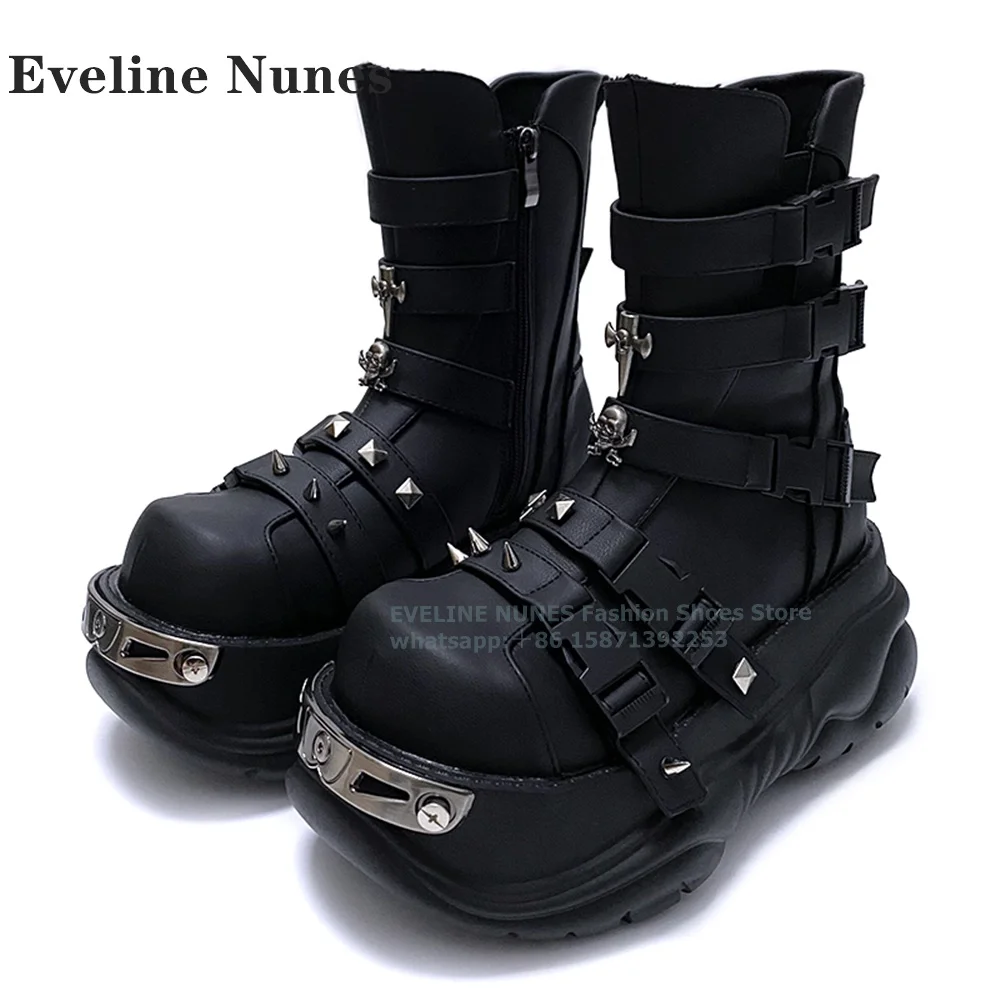 

Metal Skull Rivet Platform Ankle Boots Big Round Toe Height Increasing Belt Buckle Side Zipper Punk Knight Boot Subculture Style