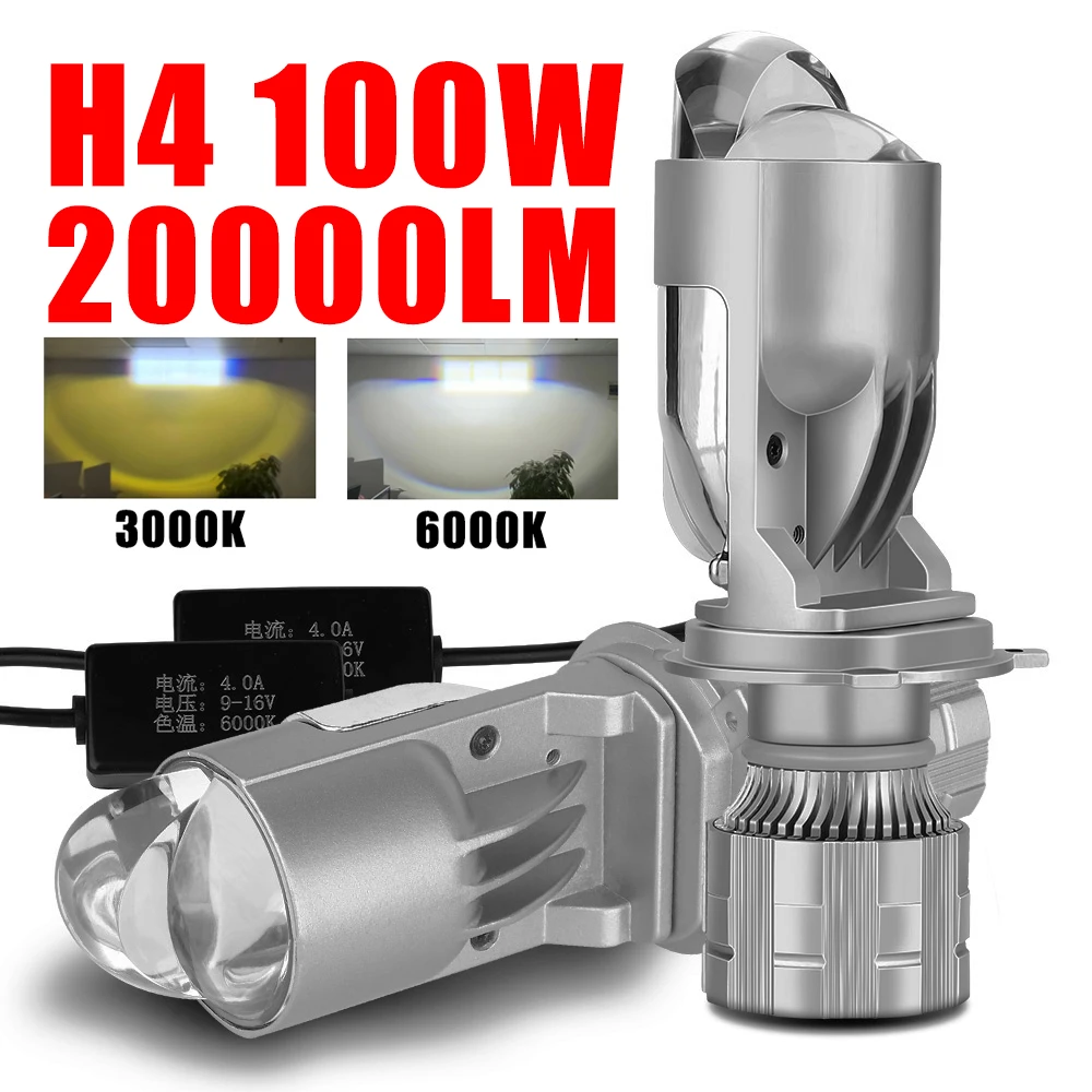 Dual Color 100W H4 Car LED Mini Projector Lens Automobile Light Bulb 20000LM 3000K 6000K Conversion Kit Hi/Lo Beam Headlight