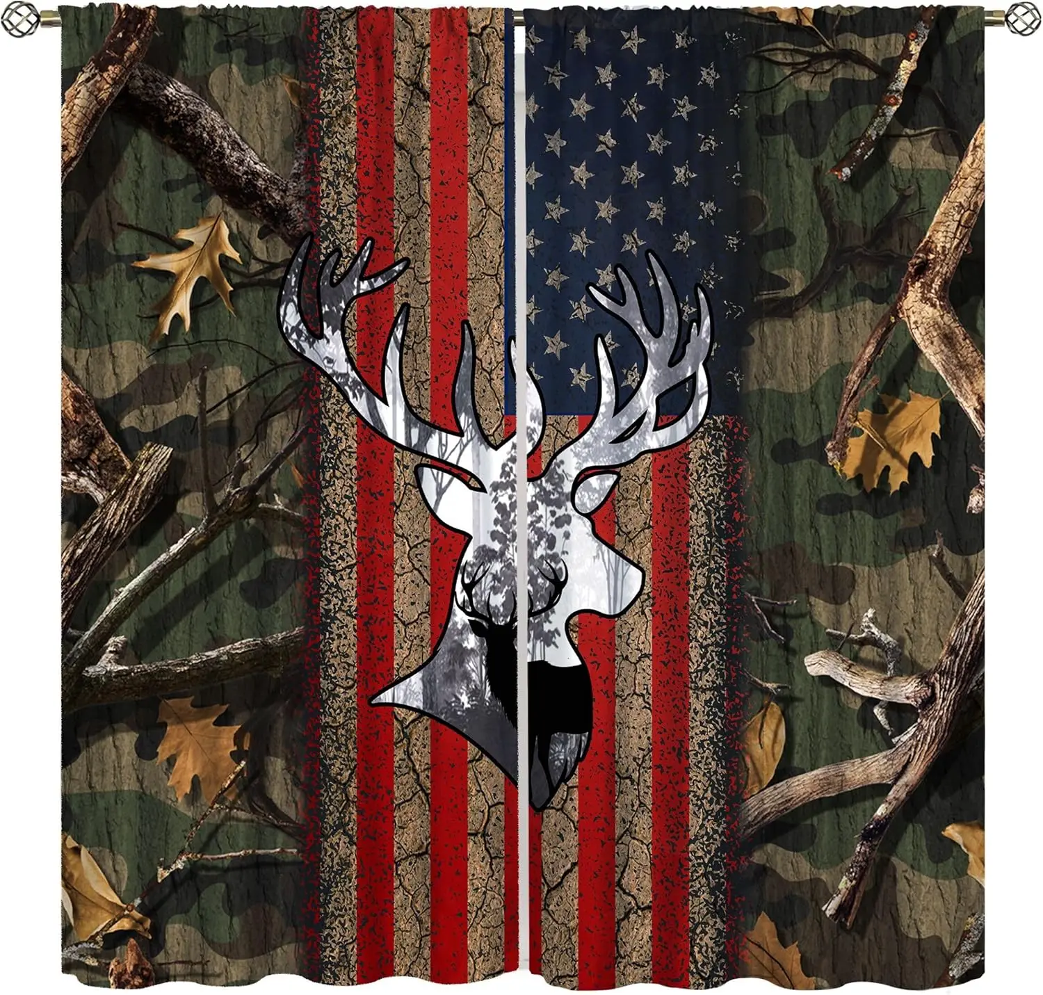 Vintage Rustic Hunting Curtains Deer Elk Bear Forest Lodge Camouflage American Flag Window Drapes for Bedroom Living Room