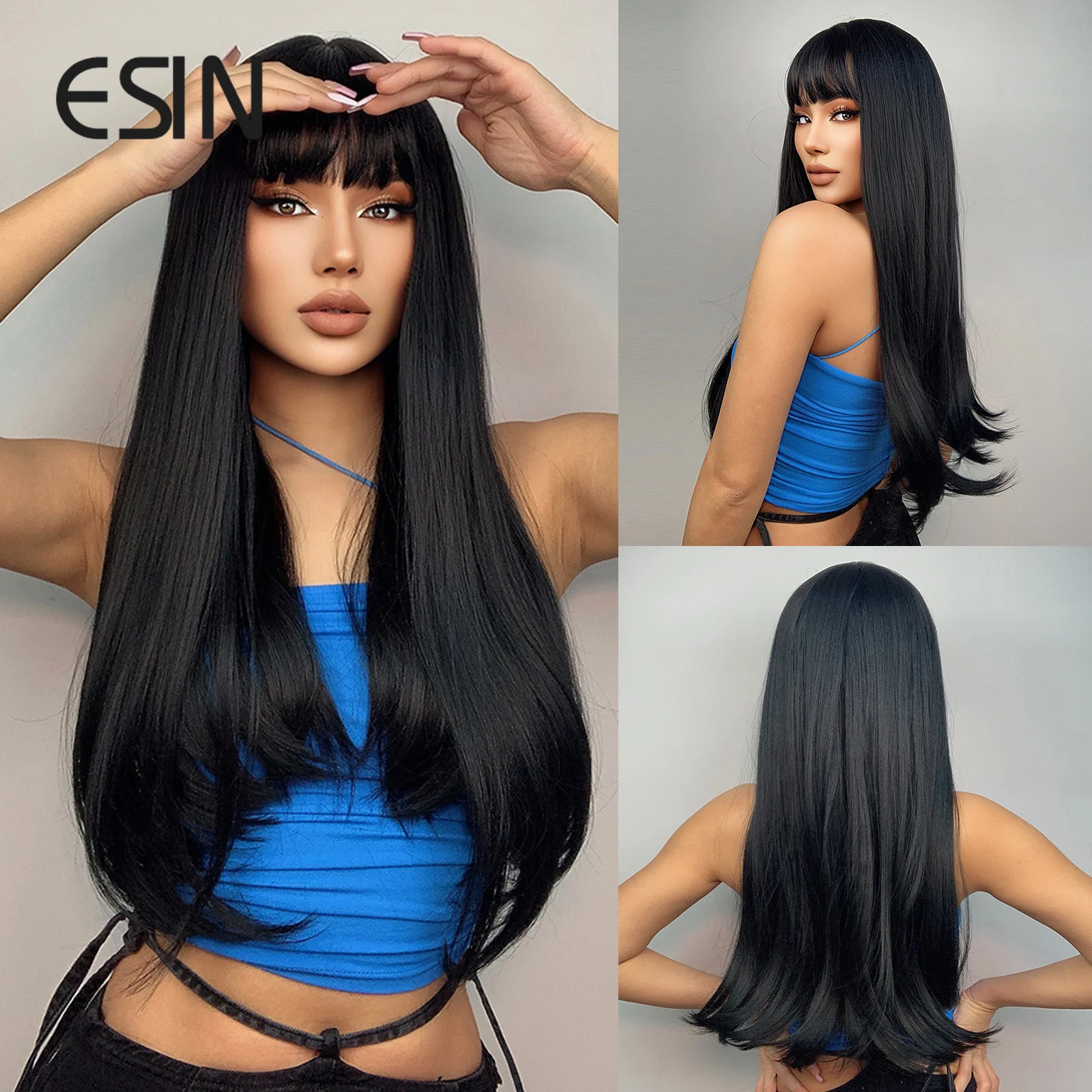 ESIN Synthetic Wigs Black Wigs for Women Long Straight Wigs with Bangs Heat Resistant Fiber DailyCosplay Party  Natural looking