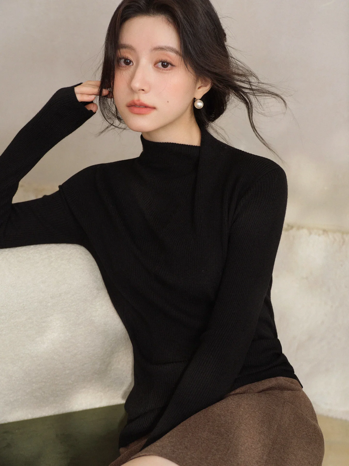 المرأة سيدة أنيقة الصوف متماسكة سترة سليم صالح وهمية الرقبة طويلة الأكمام أعلى لينة تمتد الطبقة الداخلية الدافئة لارتداء الشتاء اليومي