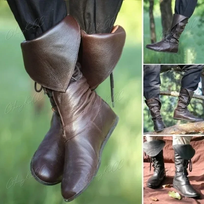 Średniowieczny Viking Cosplay mężczyźni Pu buty rycerz Pirte Retro zasznurować Archer przebranie na karnawał renesansowe gotyckie buty Steampunk fantazyjne