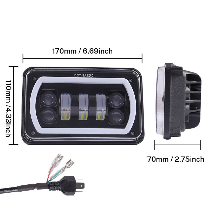 Car 30W 4x6 Inch LED Headlight Rectangular Projector 12000Lm 6000K LED Truck Headlamp Car Light Accessories for Jeep Wrangler