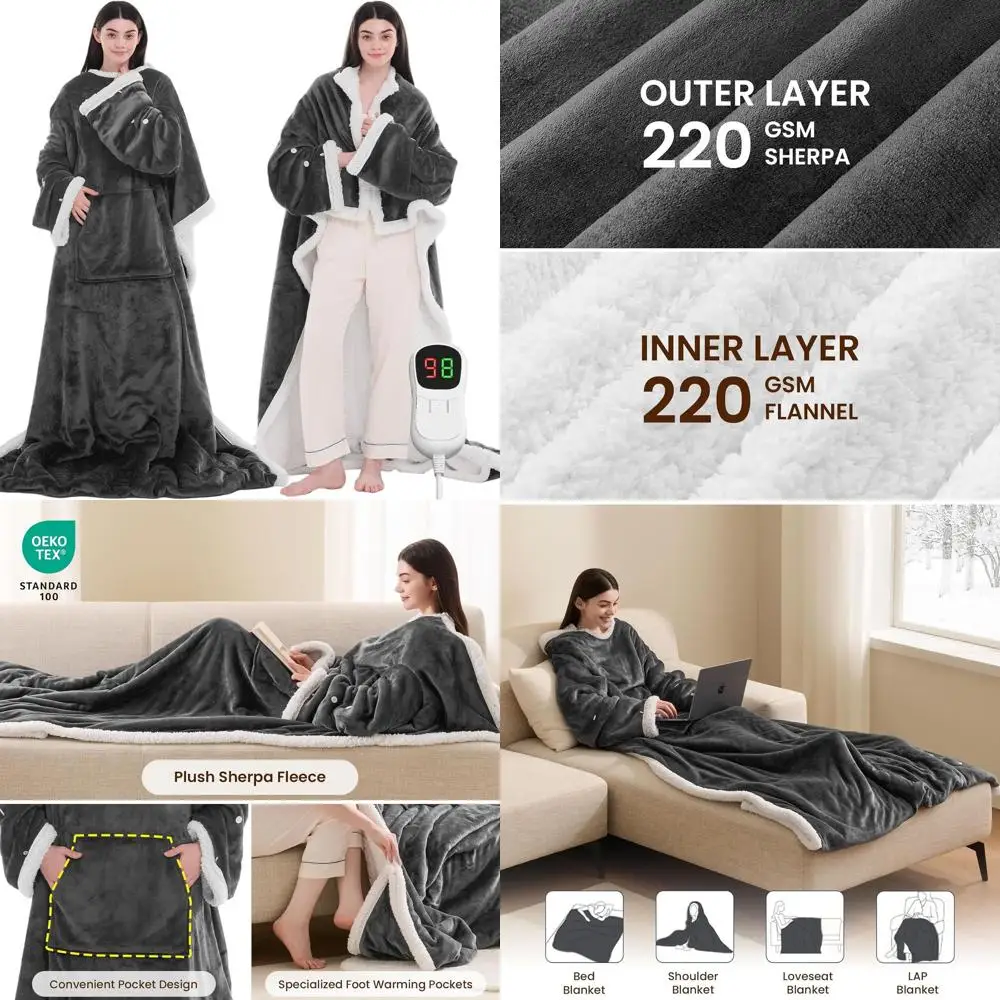 

10-Level Adjustable Heated Wearable Blanket with Sleeves & Foot Pockets - Grey Flannel Robe for Adults (50x75 inches)