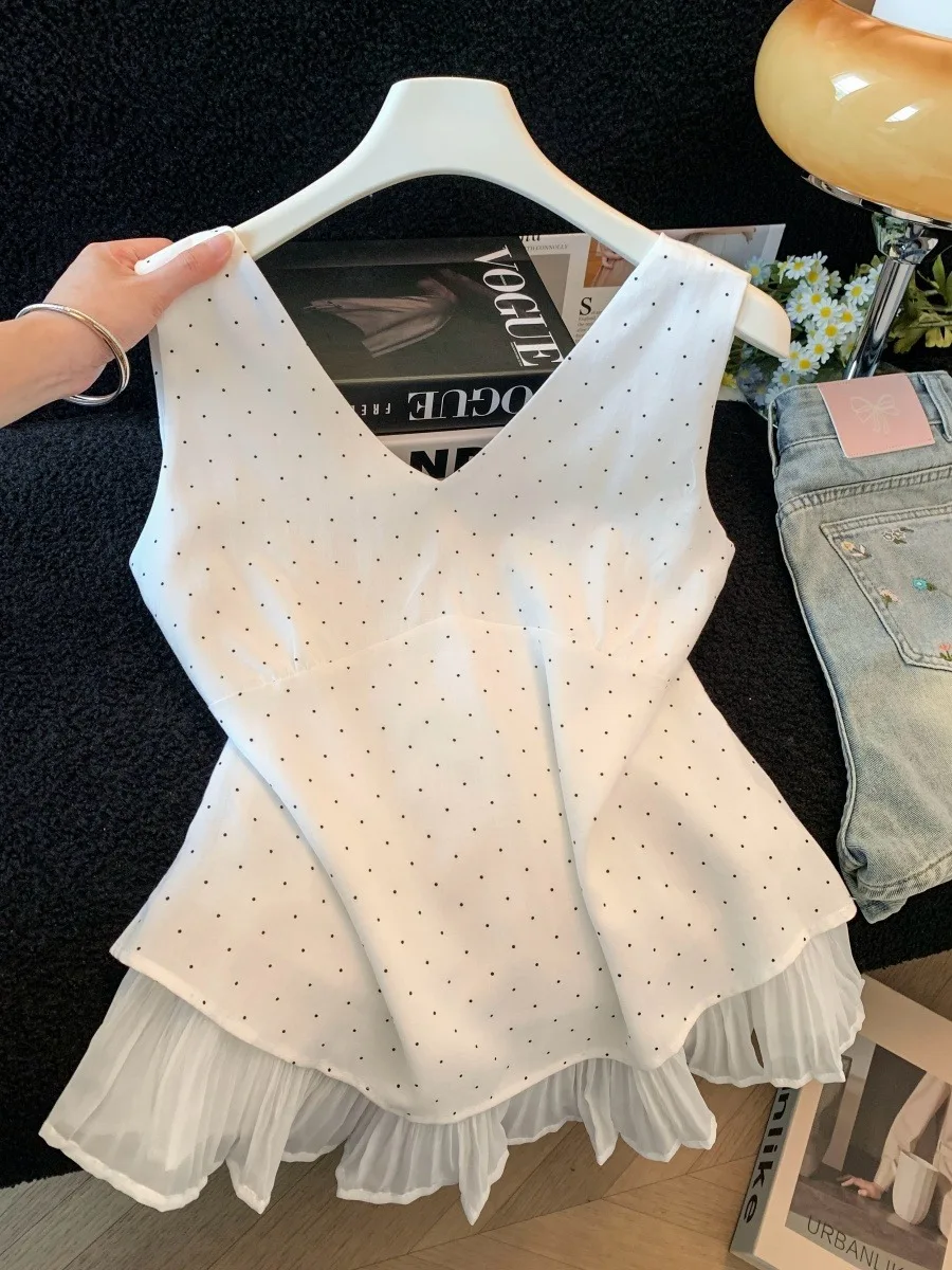 

White V-Neck Polka Dot Sleeveless Vest Women's Summer New Outerwear Mesh Skirt Splice Doll Shirt Top Breathable Loose Fit
