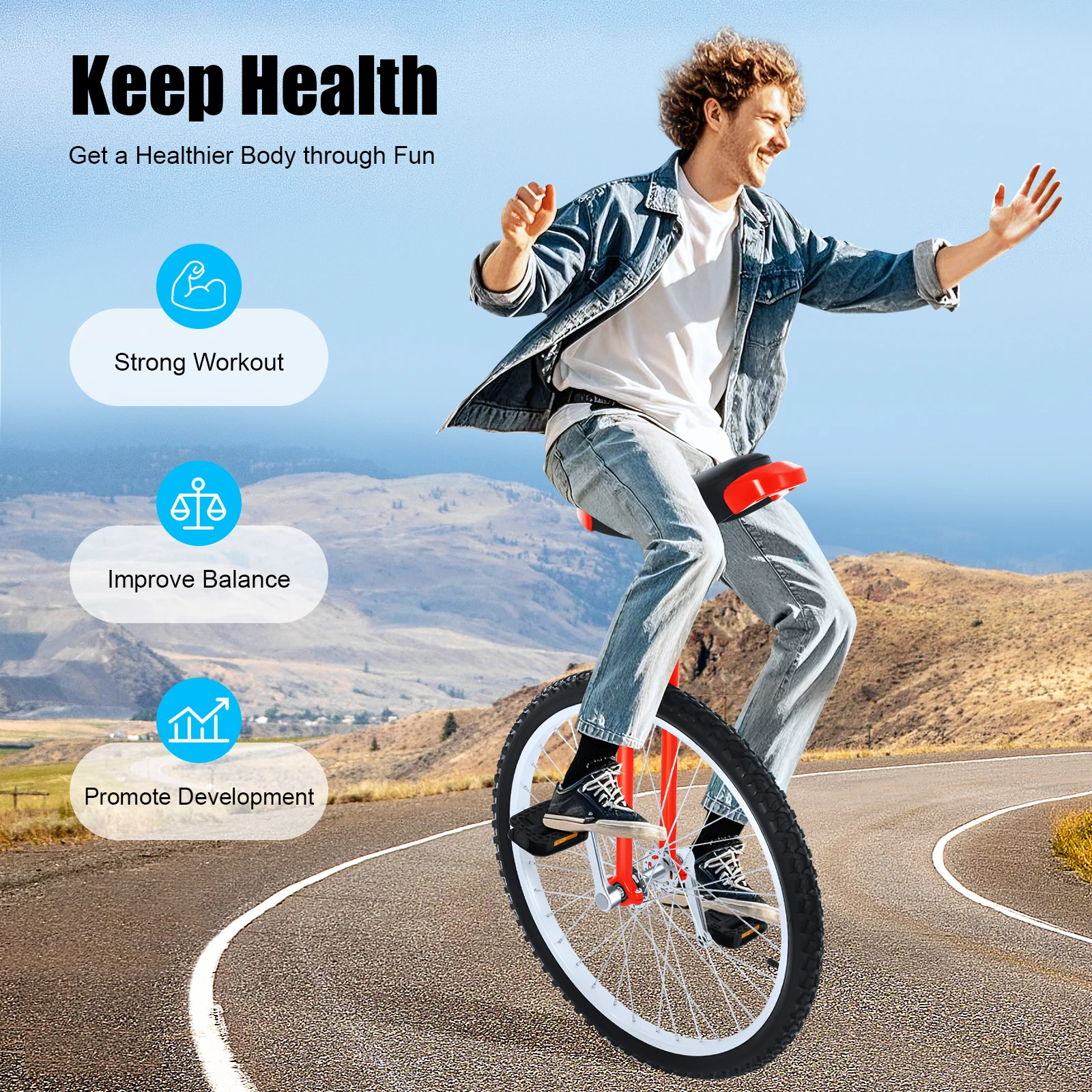 

24 Inch Unicycle Non-slip Pedals Adjustable Height 36-40in Red Fitness Outdoor Unicycle for Balance Training/Fitness/Outdoor