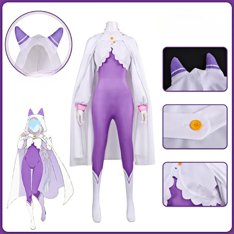 Costume de cosplay d'Emilia de Re:Zero avec cape à capuche et oreilles de chat mignonnes, ensemble complet pour Halloween, carnaval, fête ou spectacle sur scène.