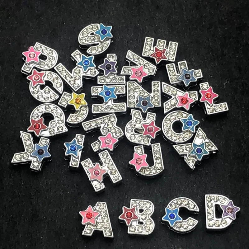 Star Rhinestone 8mm Slide Letters Charms Alphabet Alloy Fit Bracelet Wristband Collar Key Chain Belt DIY Jewelry Women Kids Gift