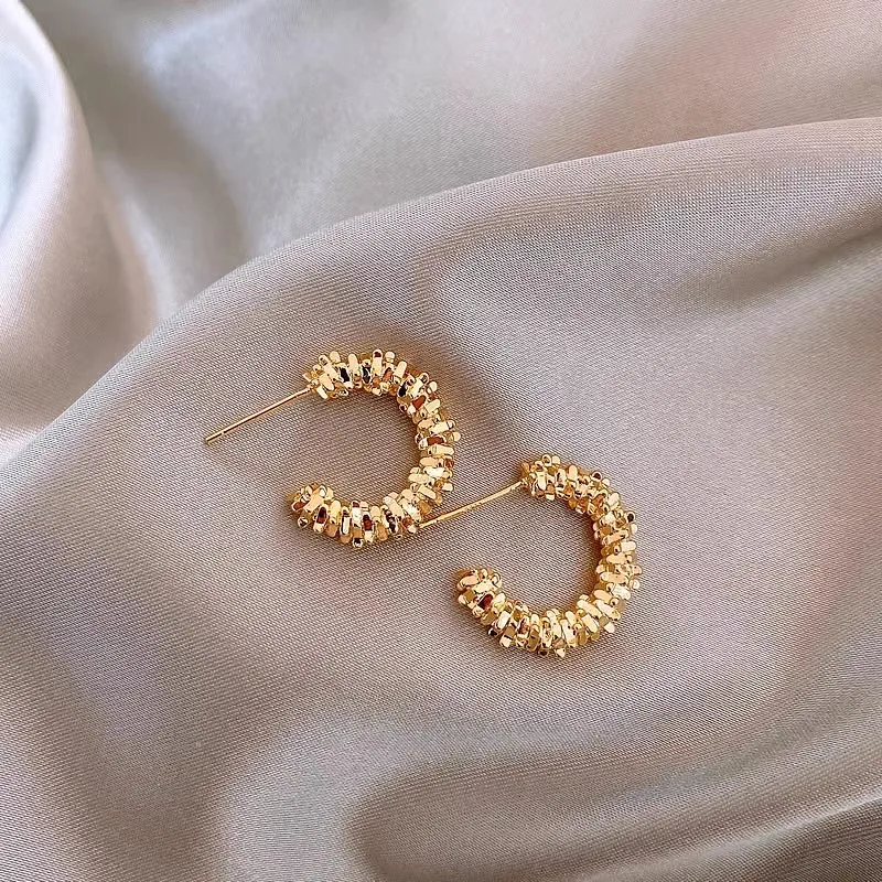 Crushed Stone C-type Stud Earrings Exaggerated Gold Color Metal Caterpillar European American Punk Loop Jewelry Girl Gift