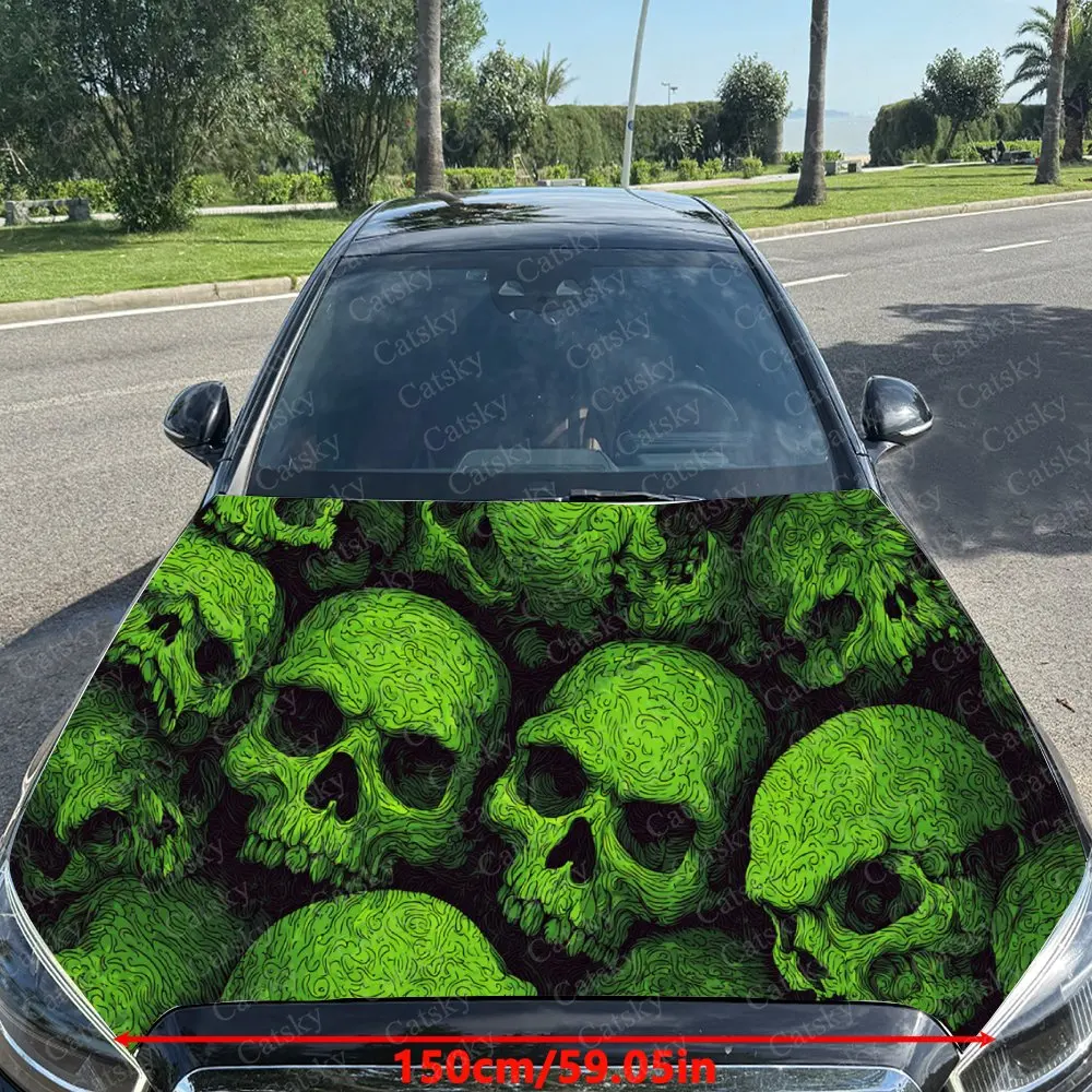 Car Decal Green Multi-Skull with Artistic Element in Dark Gothic Design, Creating a Bold and Unique Visual Car Hood Sticker, Wat