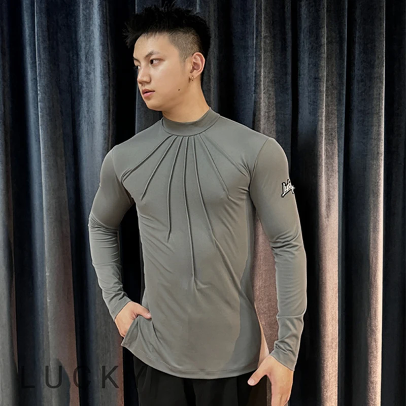 Adult Male Latin Dance Clothes Long Sleeves Grey High Collar Dance Tops Men Cha Cha Ballroom Dance Practice Clothing  DNV21323