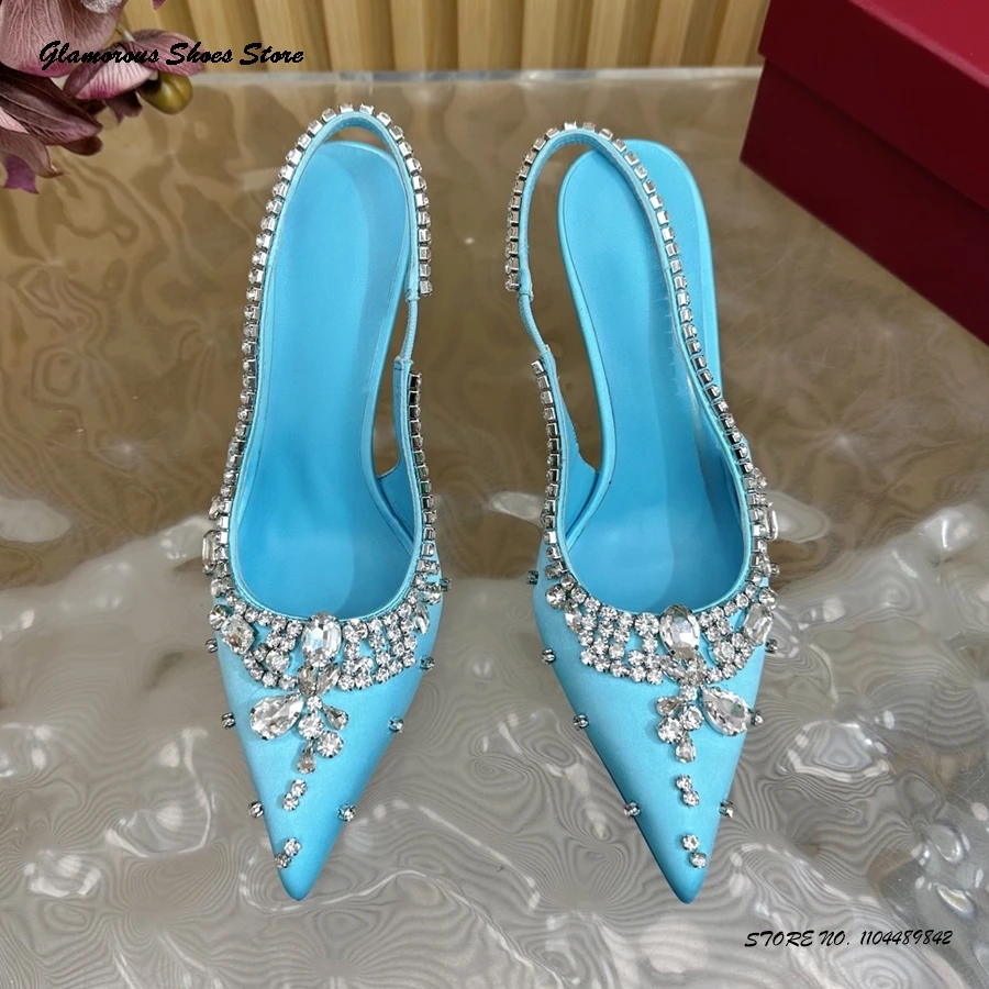 

Атласные туфли-лодочки с открытой пяткой, украшенные кристаллами, женские туфли на тонком каблуке с острым носком, вечерние свадебные туфли, блестящие туфли на подиуме, подиумные туфли на шпильке